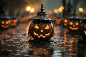 Halloween citrouilles dans le pluie génératif ai photo