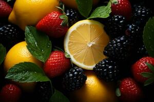 citron des fraises mûres et framboises sur une noir Contexte génératif ai photo