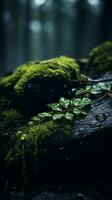 mousse et pluie sur une Journal dans le les bois génératif ai photo