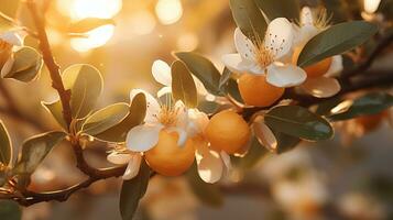 Orange et Jaune fleurs sur une arbre branche génératif ai photo