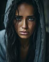 portrait de une magnifique femme dans une sweat à capuche génératif ai photo