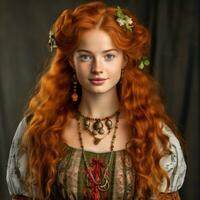 portrait de magnifique rouge aux cheveux fille dans Renaissance costume génératif ai photo