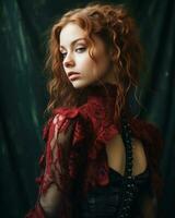 portrait de magnifique rouge aux cheveux femme dans rouge robe et noir corset sur foncé Contexte génératif ai photo