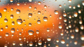 pluie gouttes sur une fenêtre avec un Orange Contexte génératif ai photo