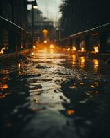 pluvieux rue à nuit avec rue lumières génératif ai photo