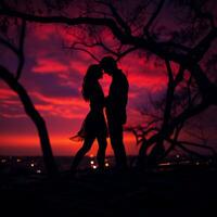 silhouette de une couple embrasser en dessous de une arbre à le coucher du soleil génératif ai photo