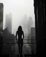 silhouette de une nu femme permanent dans de face de une ville horizon génératif ai photo