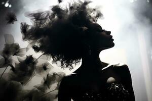 silhouette de une magnifique femme avec plumes dans sa cheveux génératif ai photo