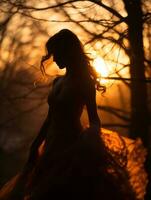 silhouette de une femme dans une robe dans le les bois à le coucher du soleil génératif ai photo