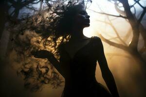 silhouette de une femme dans une forêt avec fumée à venir en dehors de sa cheveux génératif ai photo