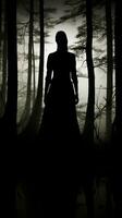 silhouette de une femme permanent dans une foncé forêt génératif ai photo