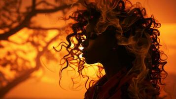 silhouette de une femme avec frisé cheveux dans le le coucher du soleil génératif ai photo