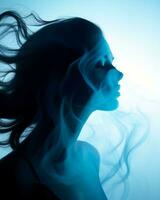 silhouette de une femme avec fumée à venir en dehors de sa cheveux génératif ai photo