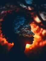 le silhouette de une femme avec un afro dans de face de une le coucher du soleil génératif ai photo