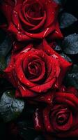 Trois rouge des roses avec l'eau gouttelettes sur leur génératif ai photo