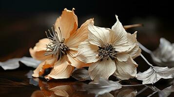 deux fleurs sur une table génératif ai photo