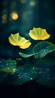 deux Jaune lotus feuilles dans le foncé avec l'eau gouttelettes génératif ai photo