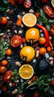 divers des fruits et des légumes sont arrangé sur une noir Contexte génératif ai photo