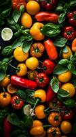 divers poivrons et tomates sur une noir Contexte génératif ai photo