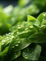 l'eau gouttelettes sont sur le feuilles de une plante génératif ai photo