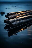 en bois journaux flottant dans le l'eau à le coucher du soleil génératif ai photo