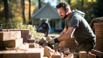 le maçon pose briques à construire une mur photo