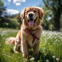 une content d'or retriever sur une vert pelouse avec une rouge laisse photo