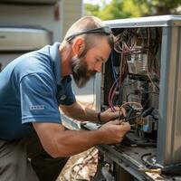 HVAC technicien entretien un air conditionnement unité photo