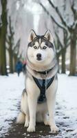 une royal rauque permanent dans une couvert de neige parc avec une blanc laisse photo