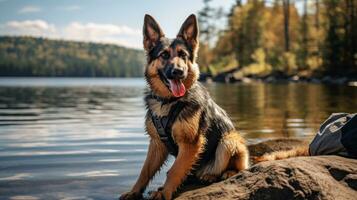 une fidèle allemand berger séance par une Lac avec une marron laisse photo