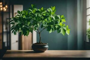 une mis en pot plante sur une table dans de face de une la fenêtre. généré par ai photo