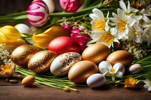 Pâques œufs, fleurs et tulipes sur une en bois tableau. généré par ai photo