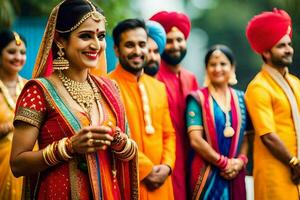 Indien mariage fête avec la mariée et jeune marié. généré par ai photo