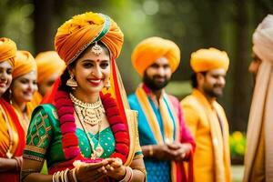 une la mariée dans traditionnel Indien tenue avec sa jeune marié. généré par ai photo
