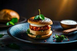 une Hamburger sur une assiette avec sauce. généré par ai photo