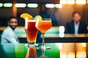 deux des lunettes de des cocktails sur une bar comptoir. généré par ai photo