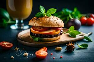 une Hamburger avec tomates, poivrons et herbes. généré par ai photo