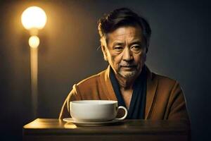 un asiatique homme séance à une table avec une tasse de café. généré par ai photo