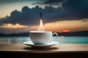 une tasse de café sur une en bois table avec une Feu à venir en dehors de il. généré par ai photo