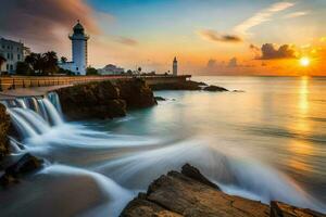 une phare et cascade à le coucher du soleil. généré par ai photo