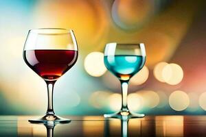 deux des lunettes de du vin sur une table avec flou Contexte. généré par ai photo