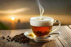 une tasse de café avec une vue de le lever du soleil. généré par ai photo