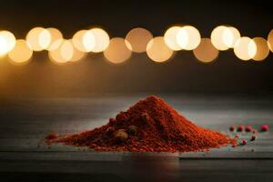 rouge le Chili poudre sur une en bois table avec flou lumières. généré par ai photo