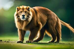 une Lion est en marchant sur le herbe. généré par ai photo