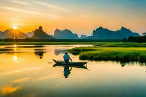une homme dans une bateau sur une rivière à le coucher du soleil. généré par ai photo