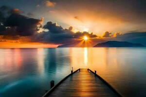 une en bois Dock dans le océan à le coucher du soleil. généré par ai photo