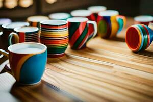 coloré café tasses sur une en bois tableau. généré par ai photo