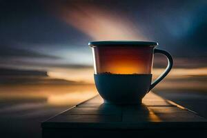 une tasse de thé sur une Dock à le coucher du soleil. généré par ai photo