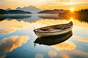 une bateau flottant sur une Lac à le coucher du soleil. généré par ai photo