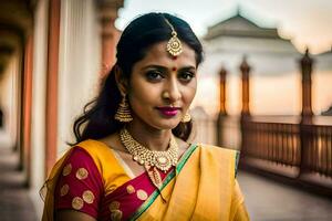 une magnifique Indien femme dans une Jaune sari. généré par ai photo